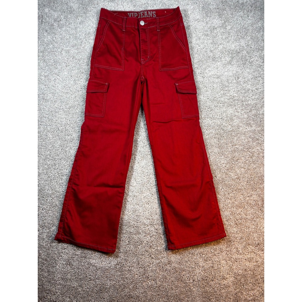 VIP Jeans Womens Red Cargo Pants Straight Leg White Stitching Size 9/29